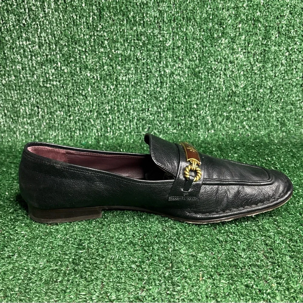 Tory Burch Black Leather Loafers with Gold-Tone Bit 10.5 FITS LIKE 11-11.5